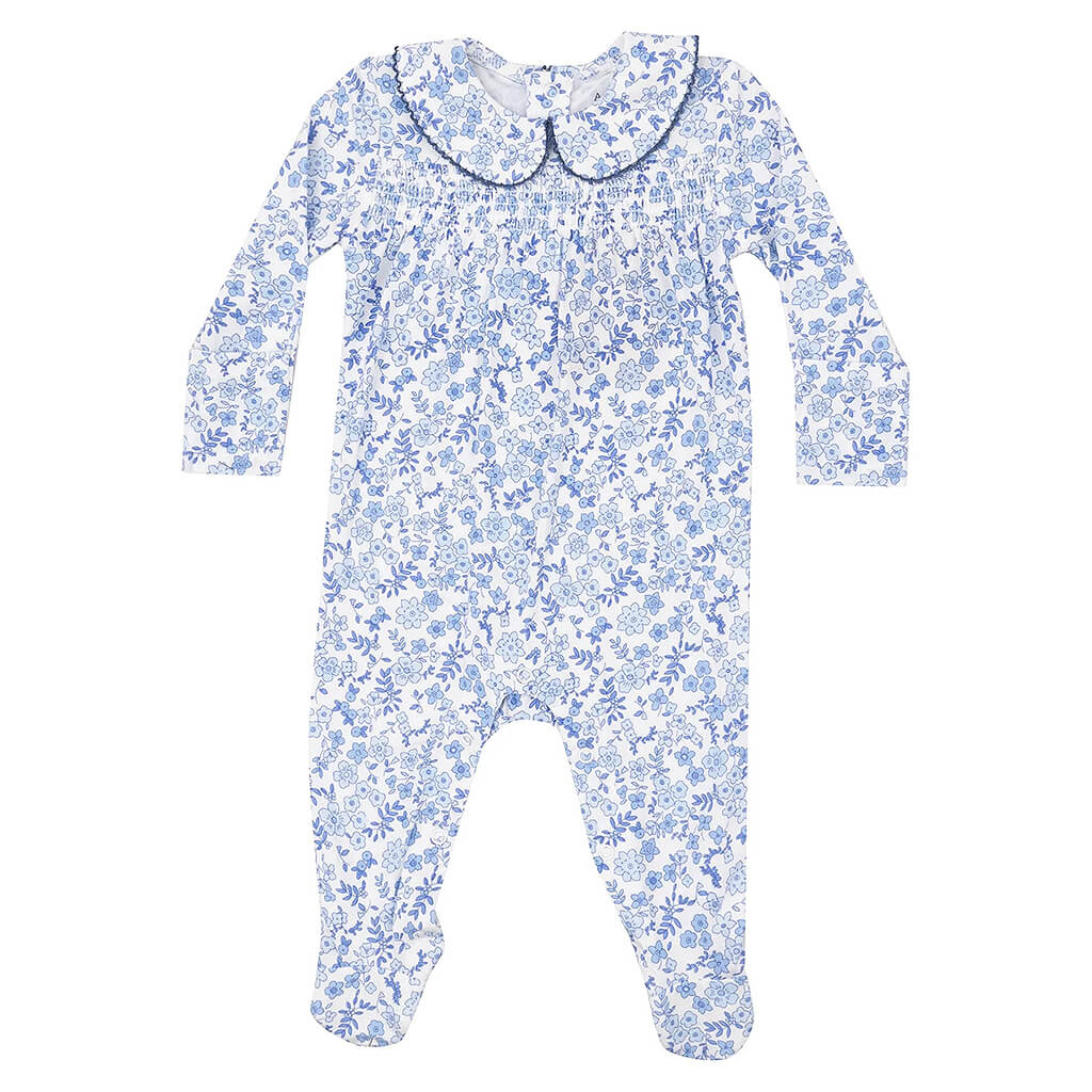 Smocked Peter Pan Footie Blue Calico Floral