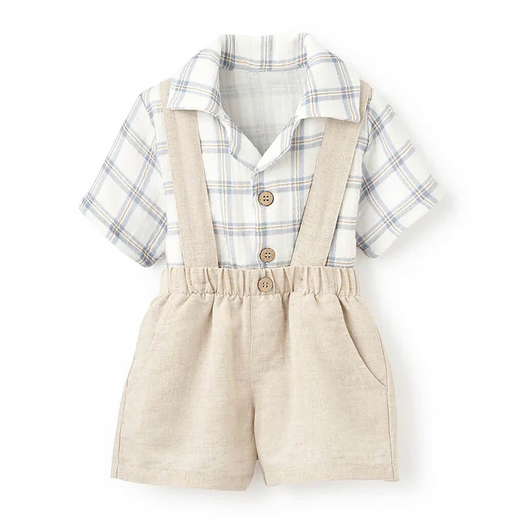 Organic Plaid Muslin Top And Linen Suspender Shorts