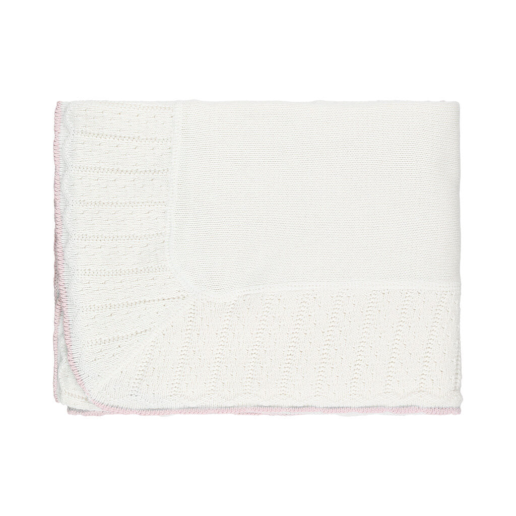 Cotton Jersey Blanket with Tipped Pointelle White/Pink