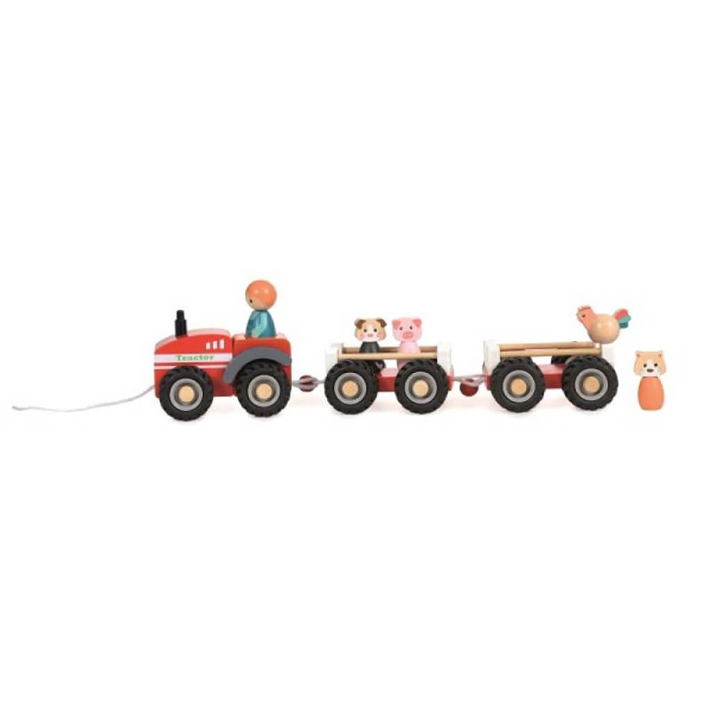 Wooden Farm Tractor with 2 Trailers Toy