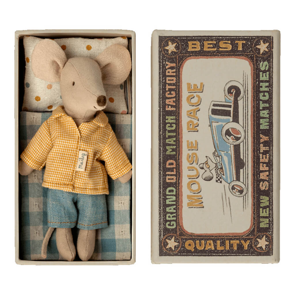 Maileg Big Brother Mouse Doll with Yellow Shirt in Matchbox