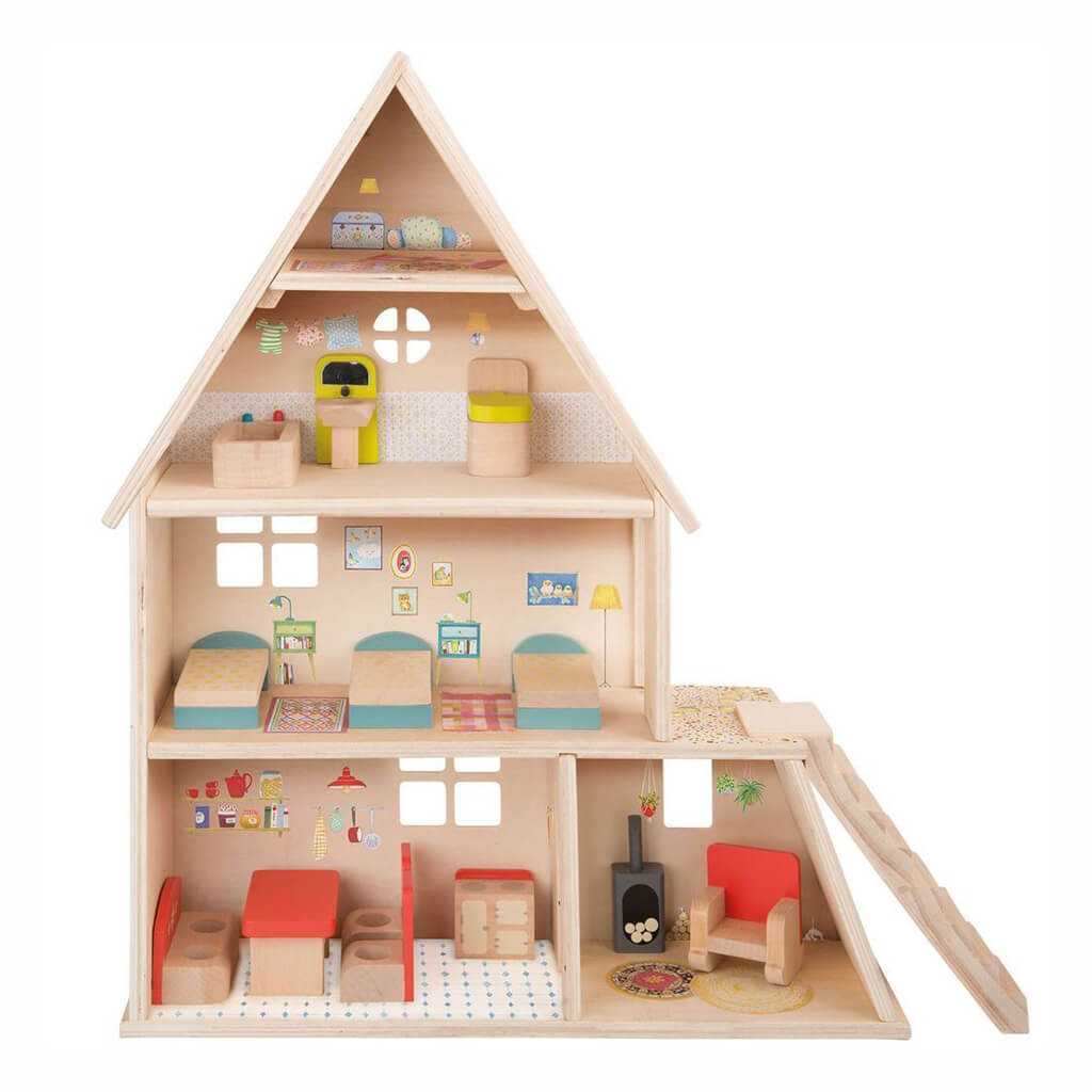 Moulin Roty Wooden Dollhouse with Furniture The Big Family