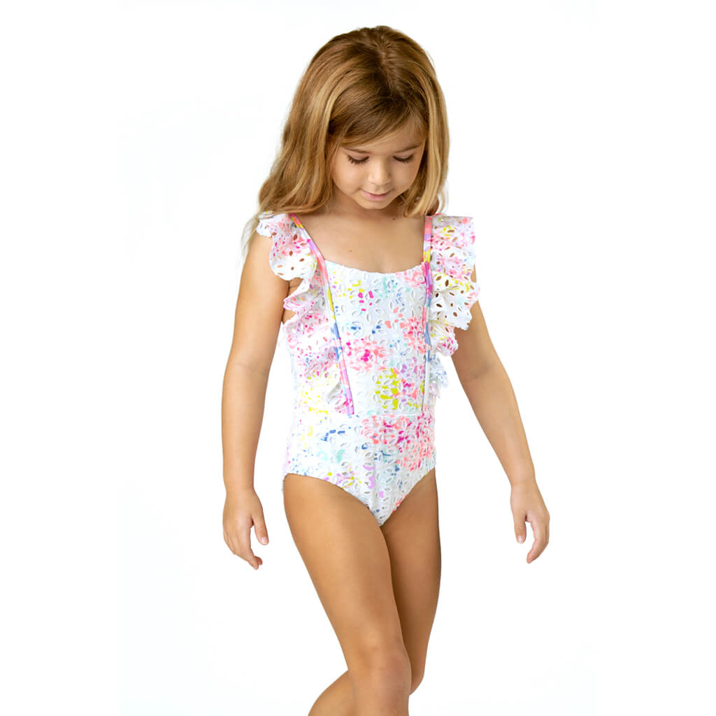Shade Critters Ruffle Sleeve Swimsuit Floral Eyelet