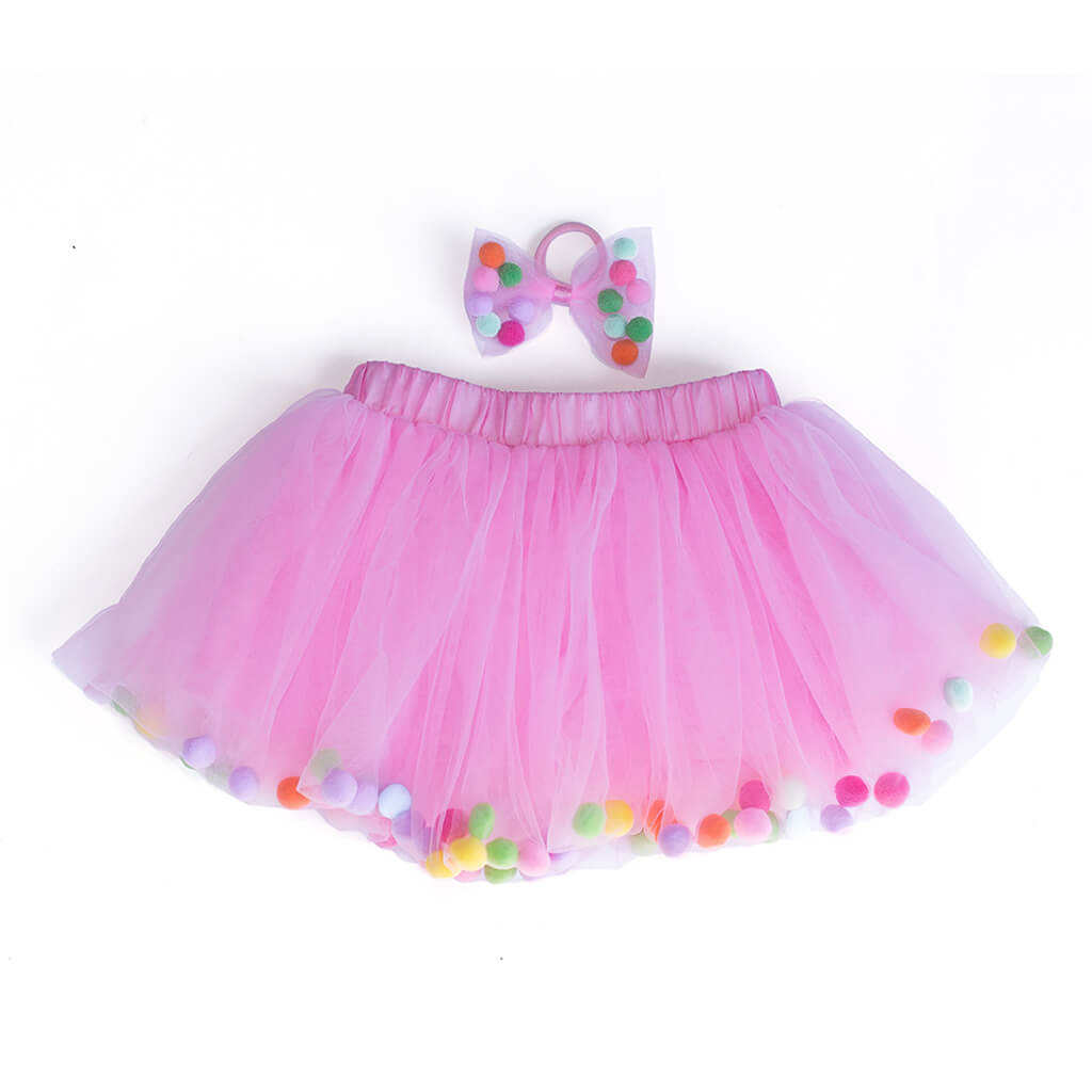 Pompom Tutu and Bow Hair Tie Set Pink